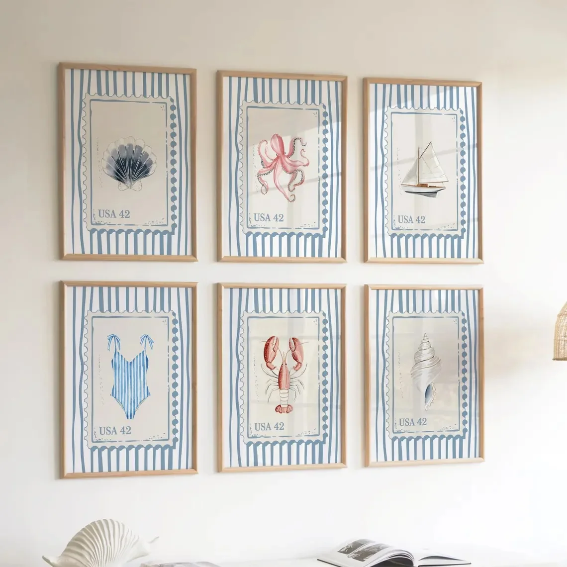 6pcs frameless Canvas Painting 6pcs Vintage Blue Beach Stamp Art Prints, Ocean-Themed Canvas Paintings, Perfect for Bedroom or L