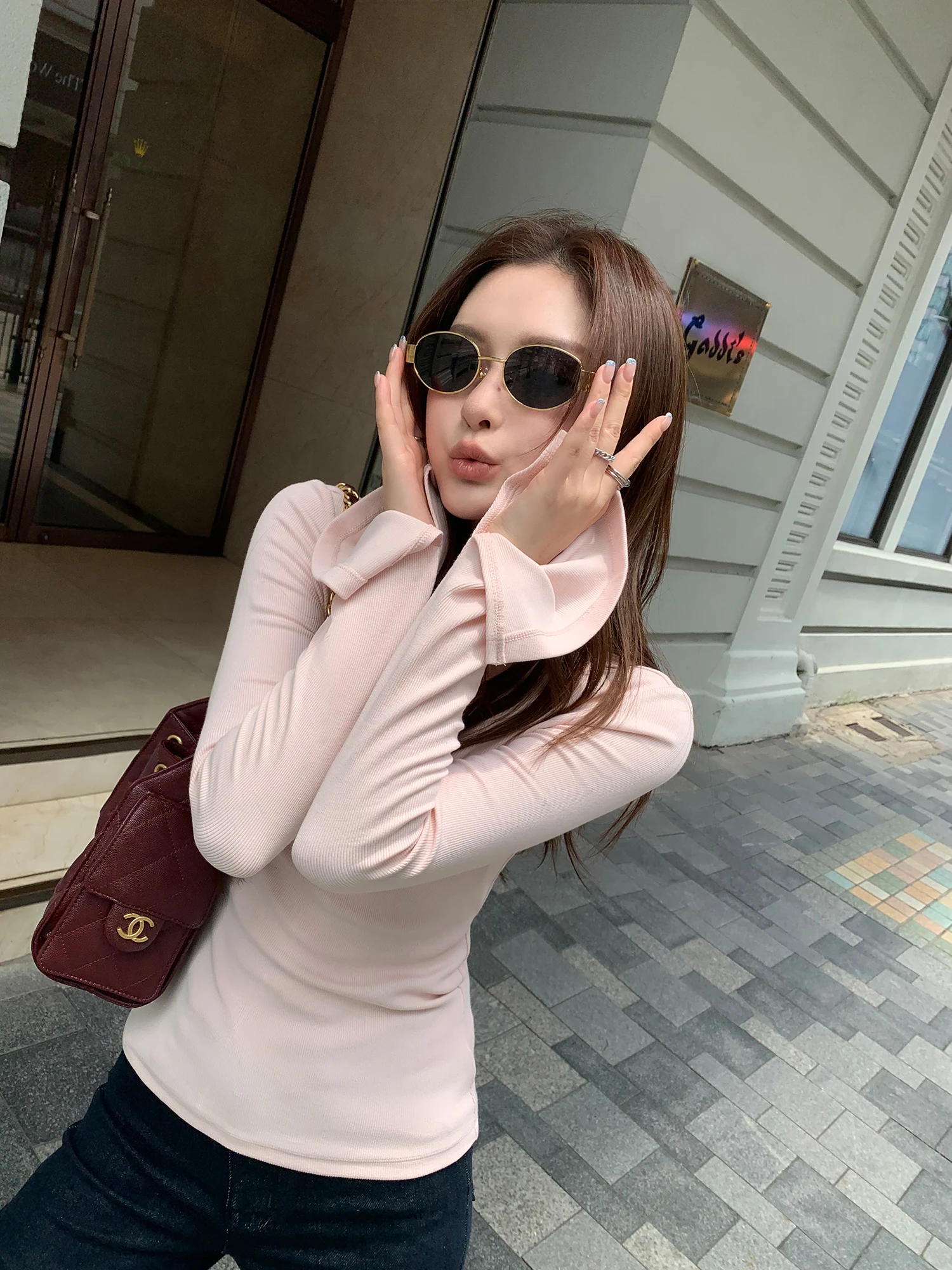 Pink Slim Fit Long Sleeve T-Shirt Women's Design Bell Sleeve Knitted Top Casual Style Standard Edition Polyester Blend Fabric