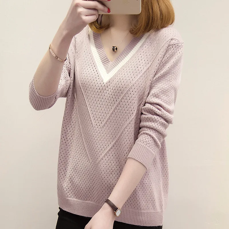 Spring Autumn New Short V-Neck Sweater Women Pullovers Long Sleeve Knitwear Korean Loose Versatile Woolen Top Pull Femme