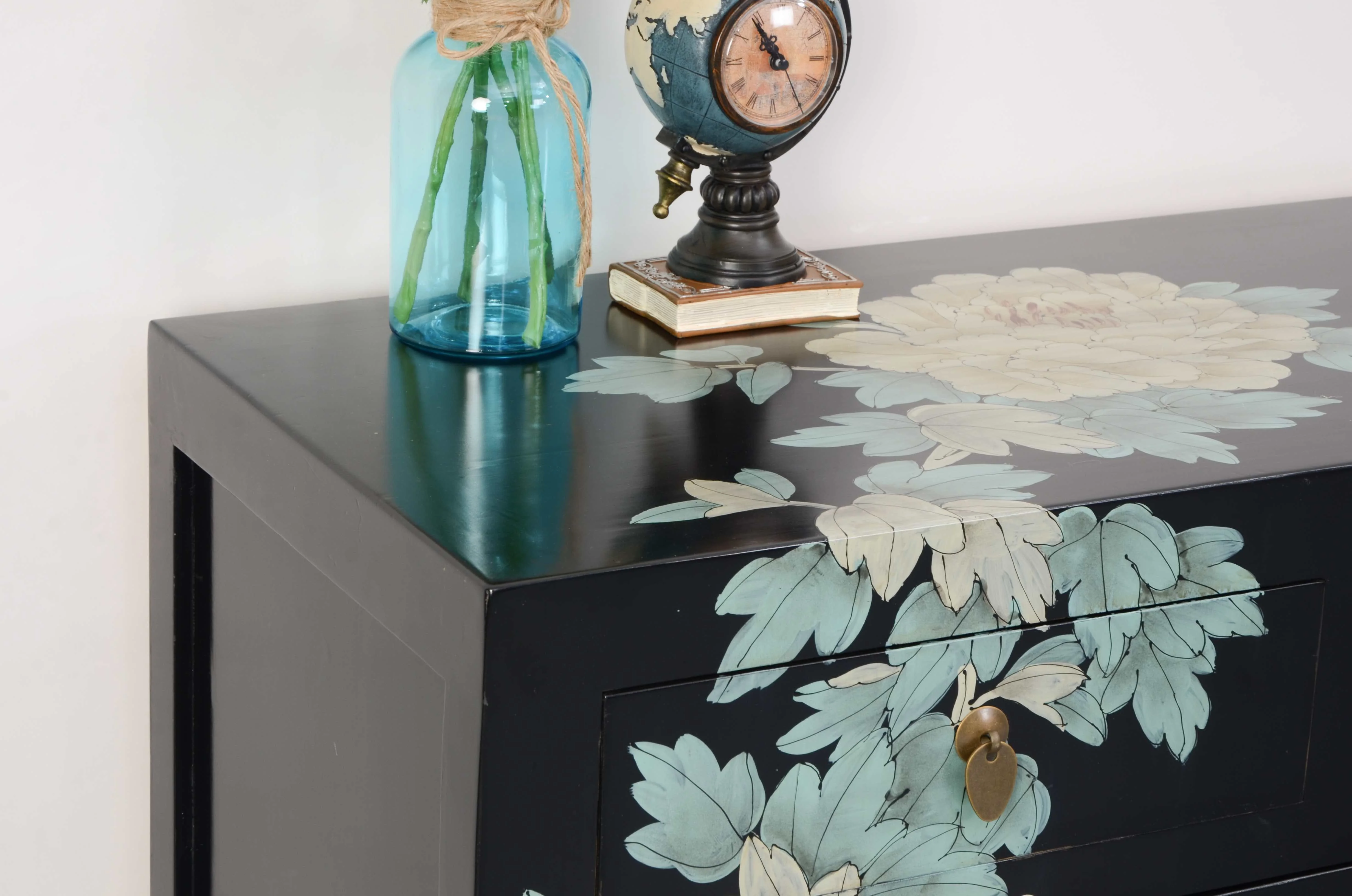 ❁w Hand-Painted Peony Phoenix Distressed Brass Hardware Sideboard Solid Wood Prosperity Wealth Meaning for Living Room Dining o