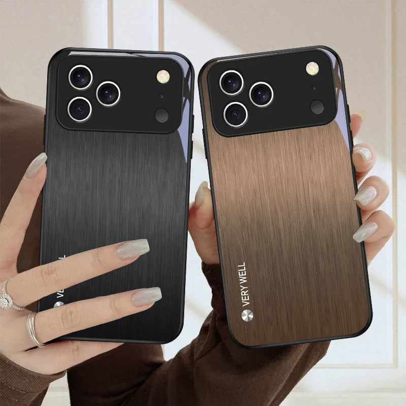 Minimally brushed metal For iPhone 17 Pro Max 16E 15 Plus 14 Pro 13 12mini 11 Air XS Max 5 6 7 8Plus SE Black Glass Phone Case view 5