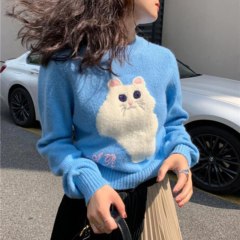 Cartoon Cat Knitwear Pullovers Sweater Women Spring O Neck Blue Sweater Jumper Female Long Sleeve Soft Knit Sweater For Women