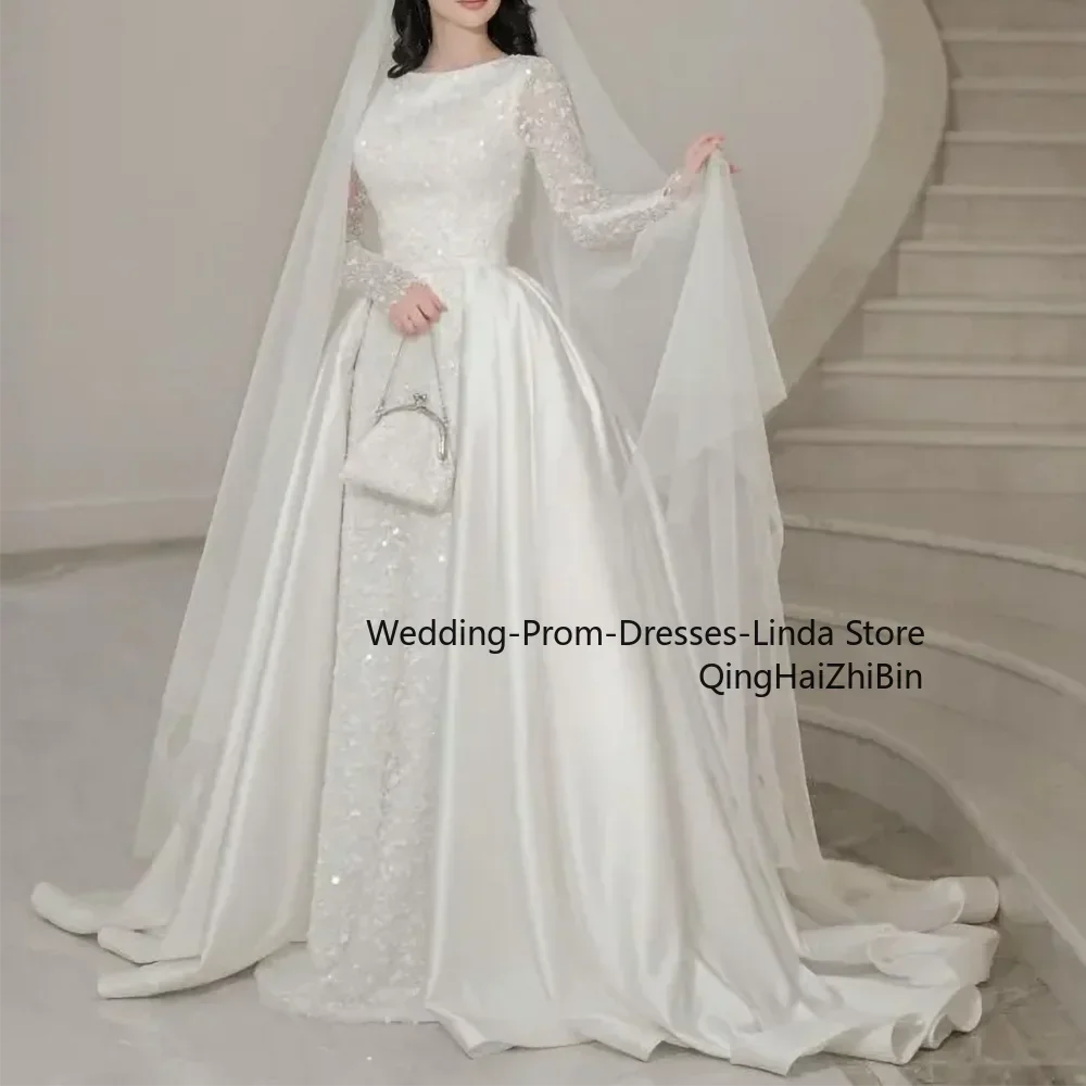 

Wedding Dresses for Women Boat Neck Long Sleeves Floor-Length Bridal Dresses Satin Beads Lace Luxury Formal Bride Gown