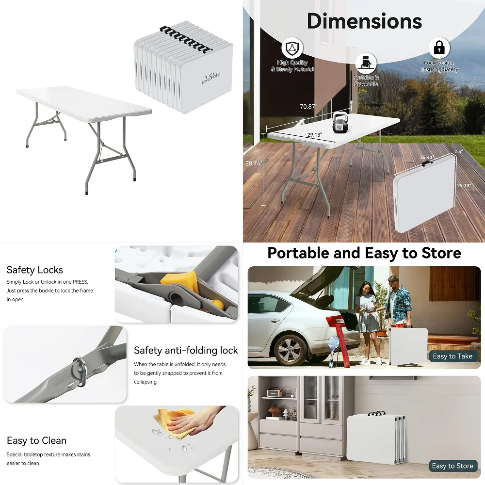 

Pack of 6 Foot Foldable Table with Built in Handle amp Steel Legs ,Heavy Duty Portable ,Perfect for Party, Dining, Wedding, Eve