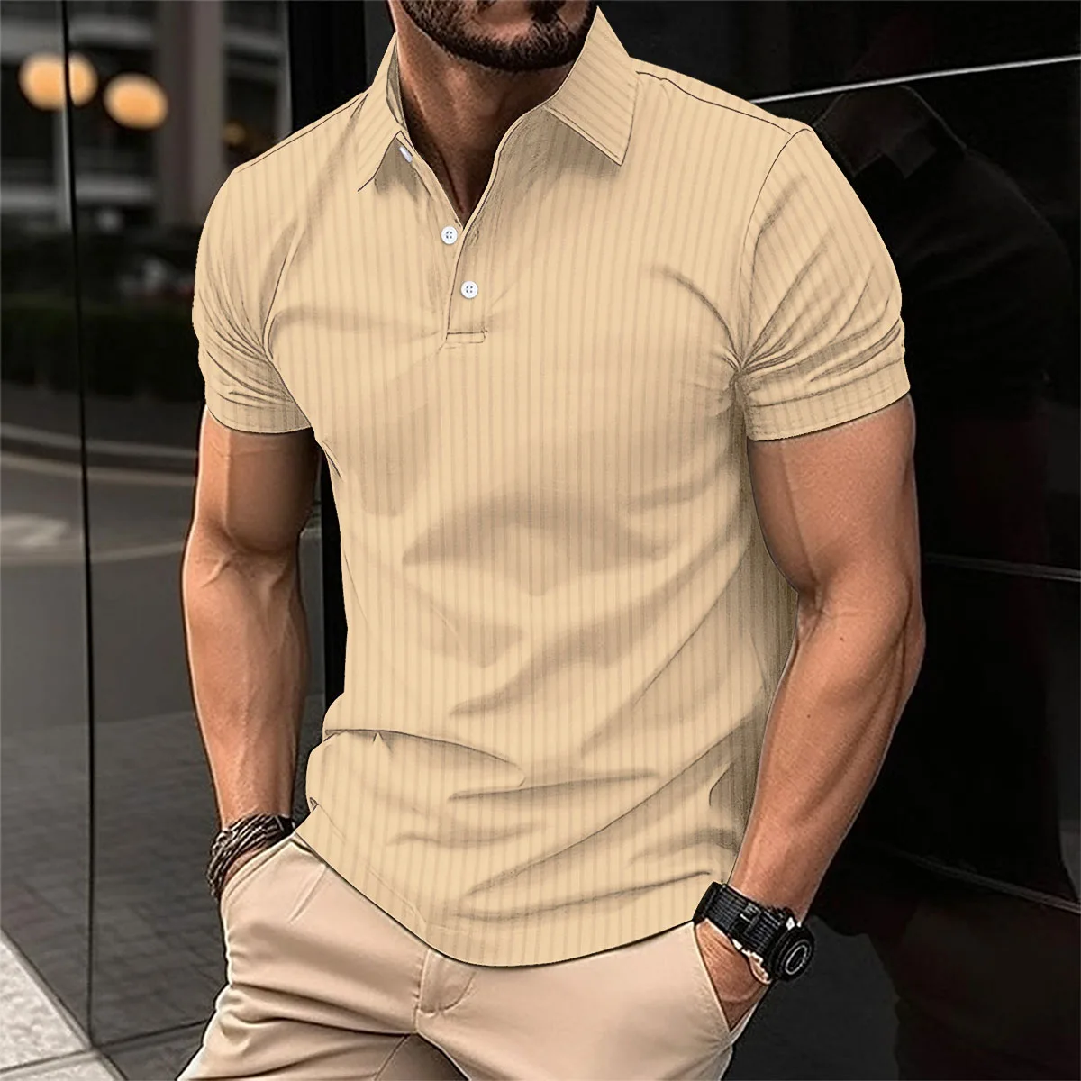 Summer men\'s polo shirt solid color button short sleeve striped lapel T-shirt casual breathable top men\'s wear Color Black S-3XL