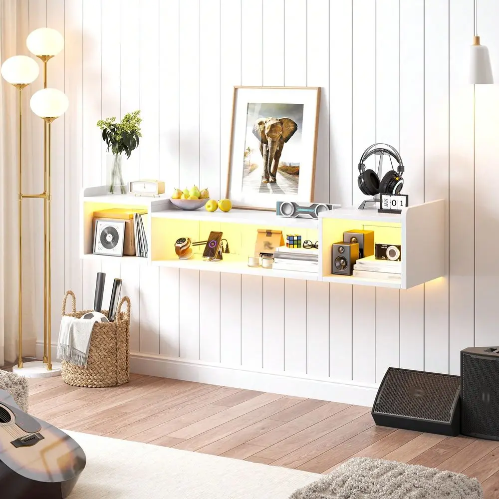 55.1 W Modern Floating TV Stand With LED Lights Power Outlets, Wall Mounted Media Console For 5060 Inch TVs, Entertainment Cent