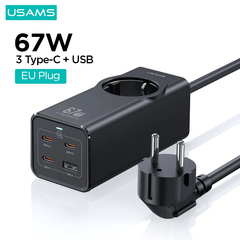 USAMS 67W GaN Charger Desktop Fast Charger USB Type C Laptop Charger 5in1 Power Strip Adapter for iPhone 15 14 13 Xiaomi Samsung