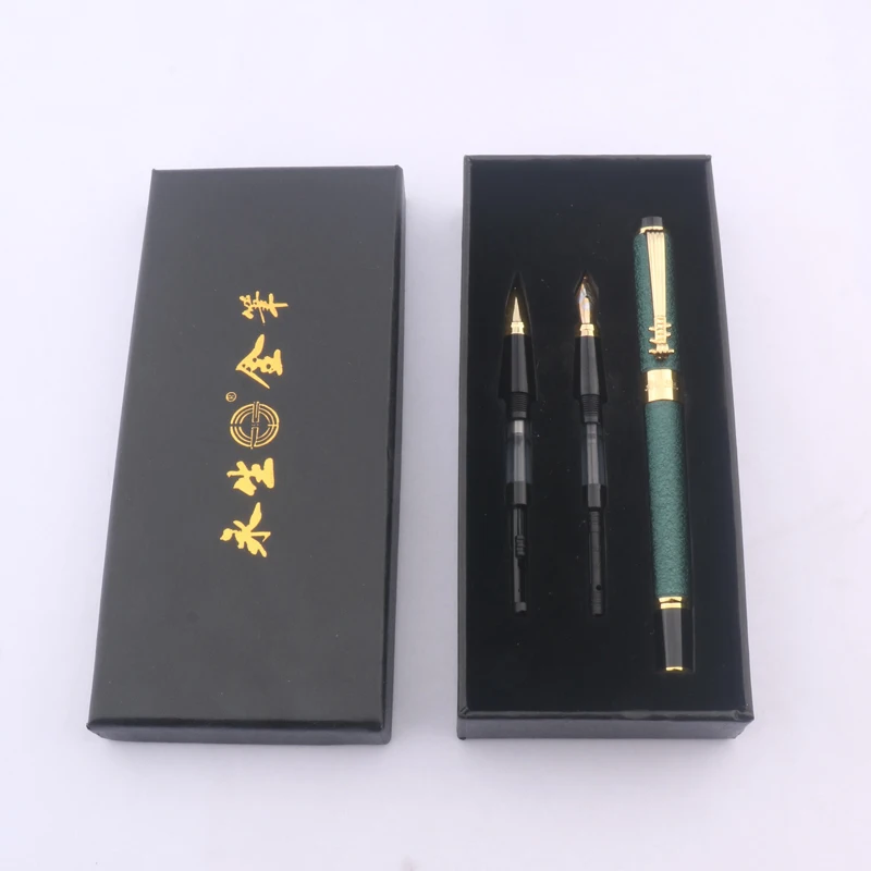 1pc/3pc Metal Fountain Pen Set Box Ink Pens Frosted Green Converter Filler Business Office School Supplies Golden Pen