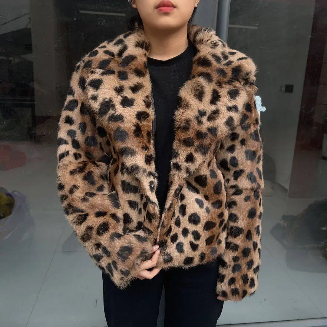 

Women's real rabbit fur leopard print spotted fur coat winter fashion collar rabbit fur jacket