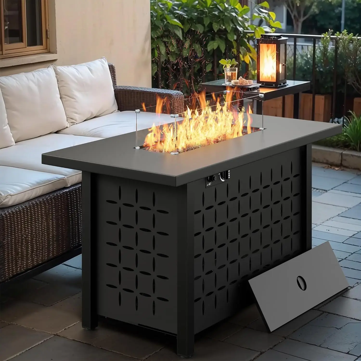 43 inch Gas Fire Pit Table, 50,000 BTU Outdoor Rectangular Propane Firepit Table with Lid, Glass Wind Guard