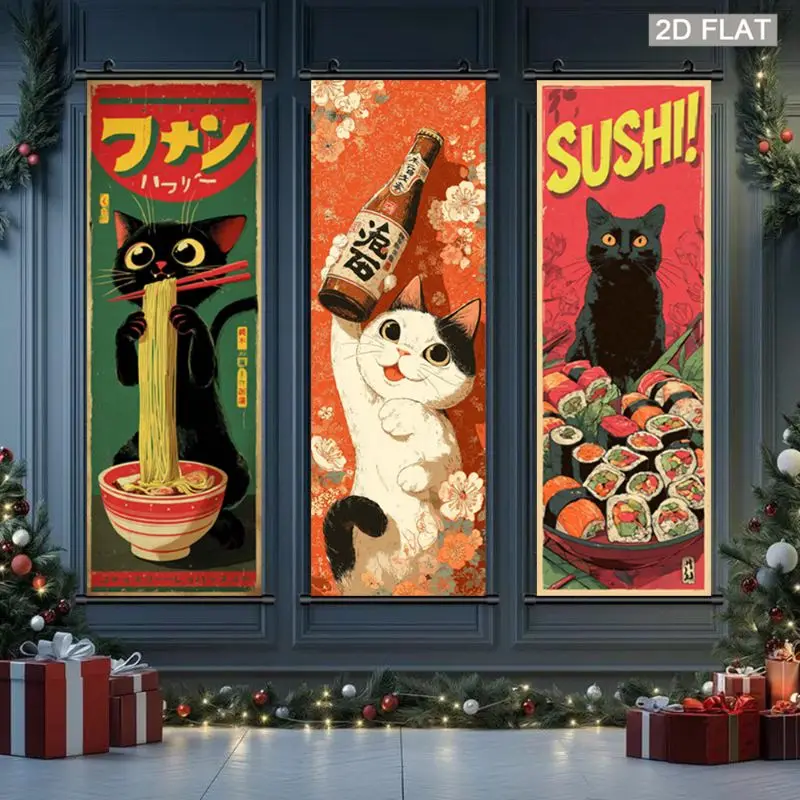 VIKAMA Black Neko Sake Sushi Wall Tapestry Retro Japanese Food Poster Scroll Art Home Decor Cozy Room Soft Durable Aesthetic