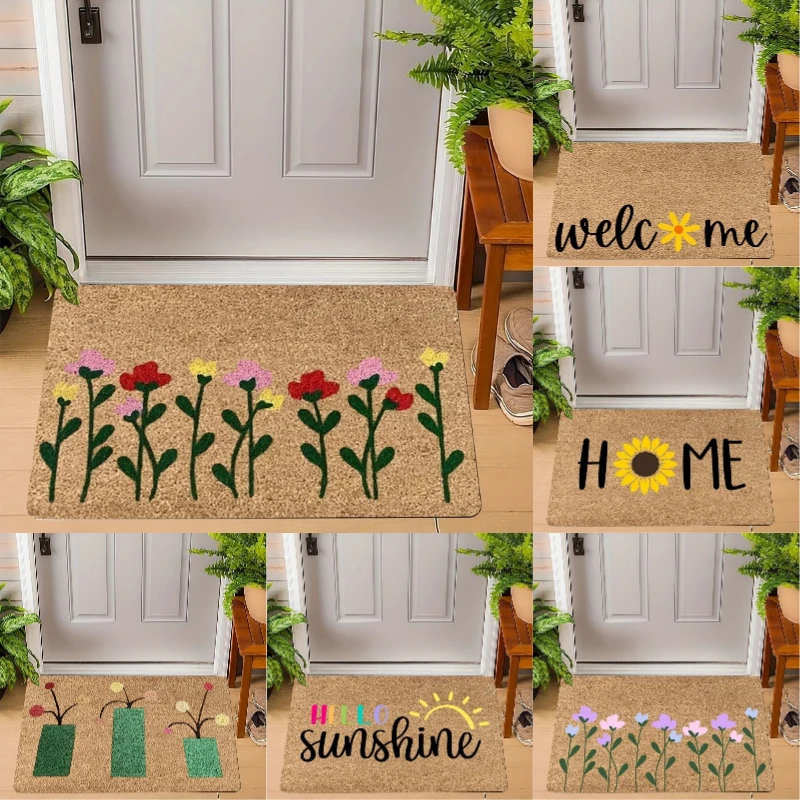 Spring Flower Welcome Home Doormat Set Hand Painted Floral Pattern Entrance Mat Great for Front Door Decor