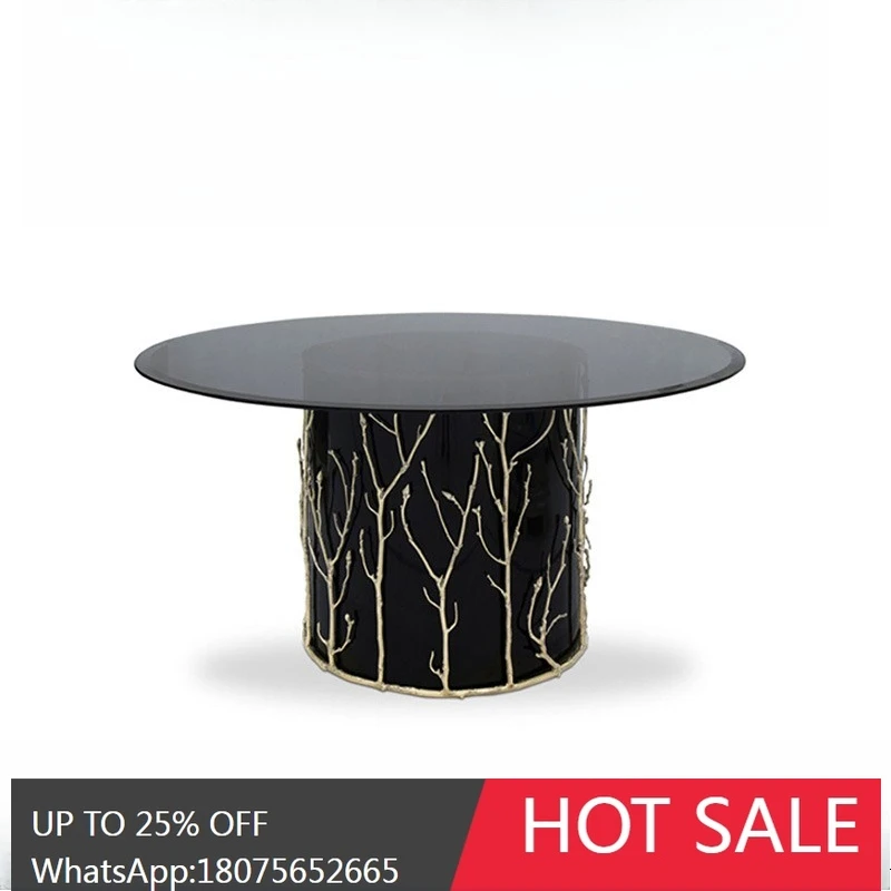 MJY Light Luxury Brass Branch Dining Table Legs Glass Dining Table Round Household Dining Table