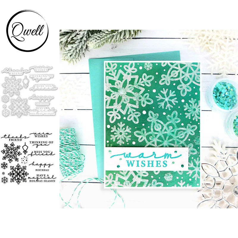 QWELL Metal Cutting Dies match Clear Stamps Snowflake Miss You Friends Warm Wishes Phrase DIY Scrapbooking Craft Paper Card 2022