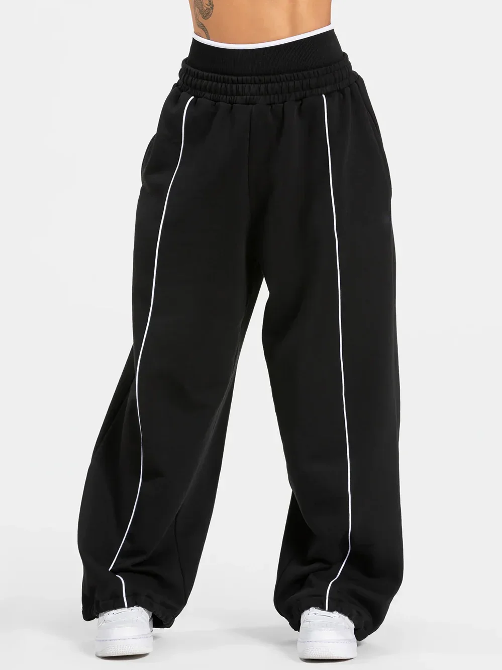 Casual Loose Yoga Pants Women Pure Cotton Mid Waist Wide Leg Joggers Running Trouser Contrastline Back Pocket