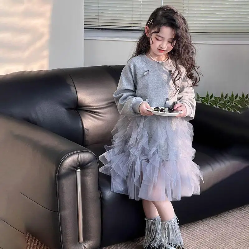 Spring and Autumn Cartoon Casual Mid-Length Skirt Tops Children's Clothing New Kawaii Girl Fashion Lace Pullover Dress Student