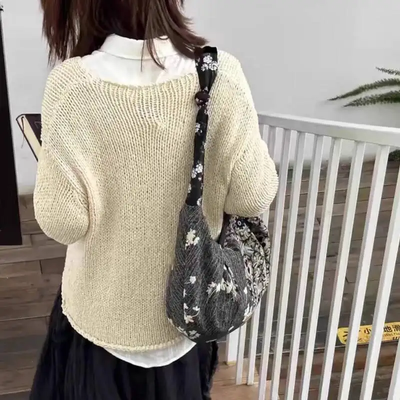 กระเป๋าสะพายไหล่ลายปะติดสุดหรู แฟชั่น Y2K สไตล์วินเทจ กระเป๋าโฮโบ ฮารูกุ กรันจ์ กระเป๋าถือสะพายข้างสำหรับผู้หญิง