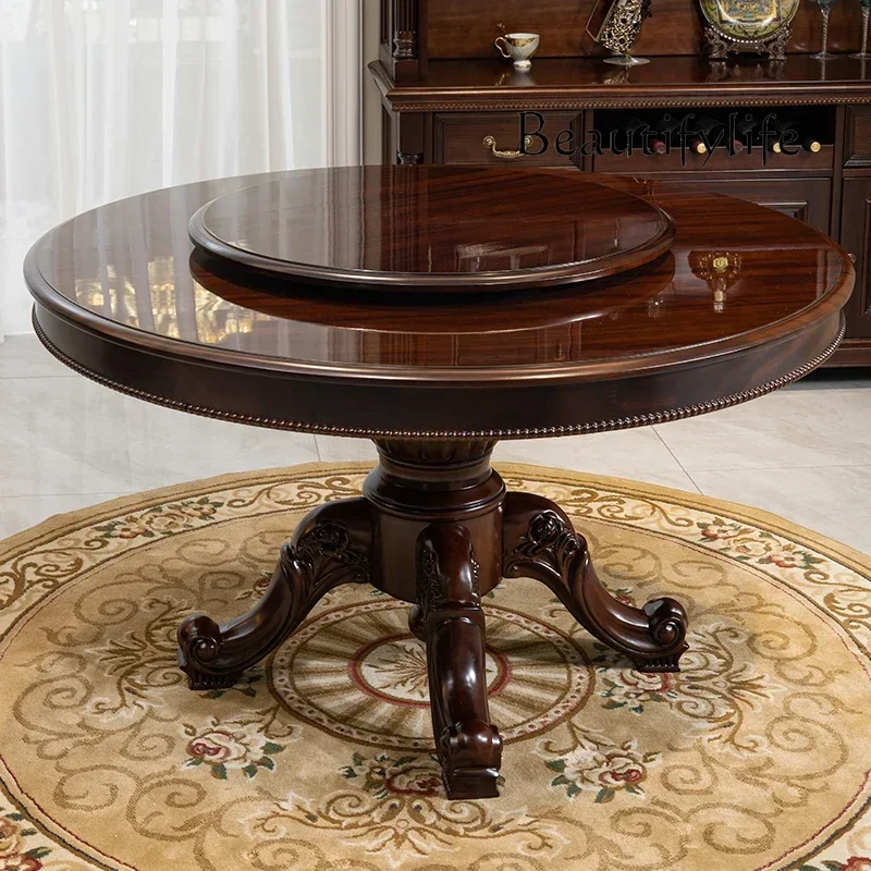 D YAmerican Retro All-solid Wood Dining Table And Chair Combination Walnut Home Round Table Luxury Carved Dining Table