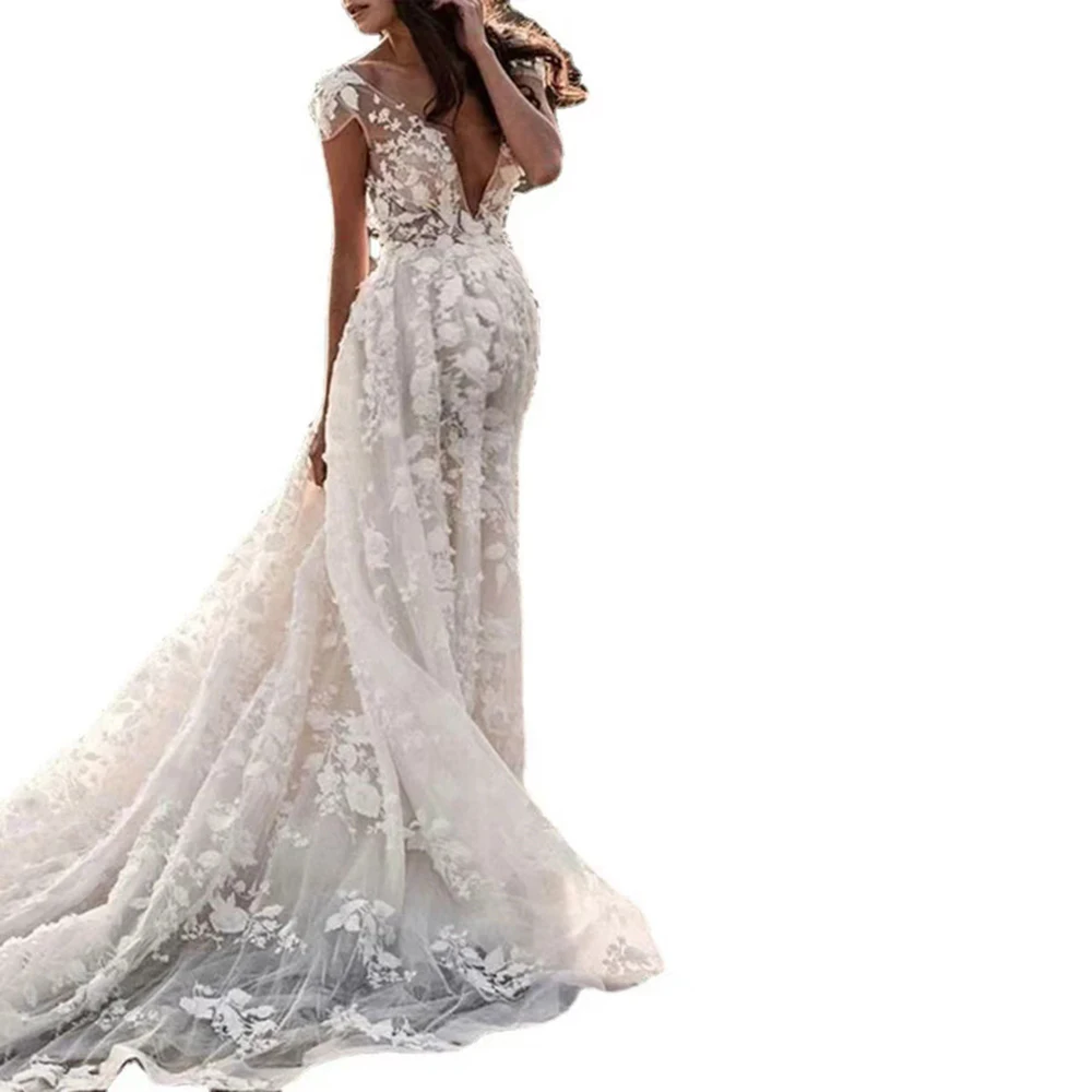 Elegant White Lace Maternity Bride Photoshoot Dress V Neck Long Train Maxi Gown Floral Pregnancy Outfit Beach Baby Shower Wear