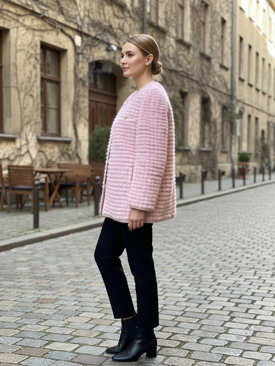 HDHOHR 2025 New Real Mink Fur Coats Women Natural Kintted Mink Coats Leather Collar Fur Jackets Winter Warm Fur Coats For Female