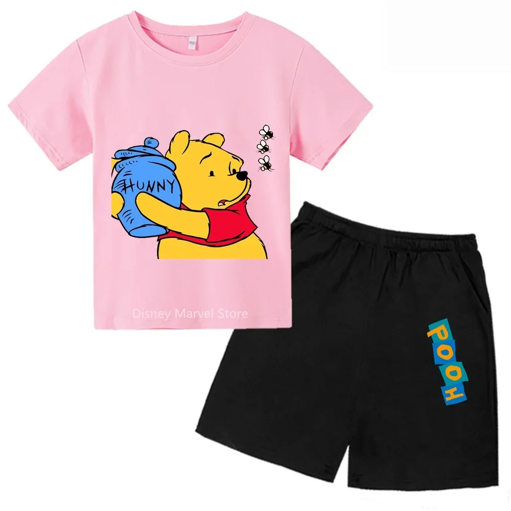 Winnie The Pooh cartoon Summer Boys & Girls T-Shirt & Shorts Age 3-14  Stylish Cartoon print t-shirt short 2pcs sets