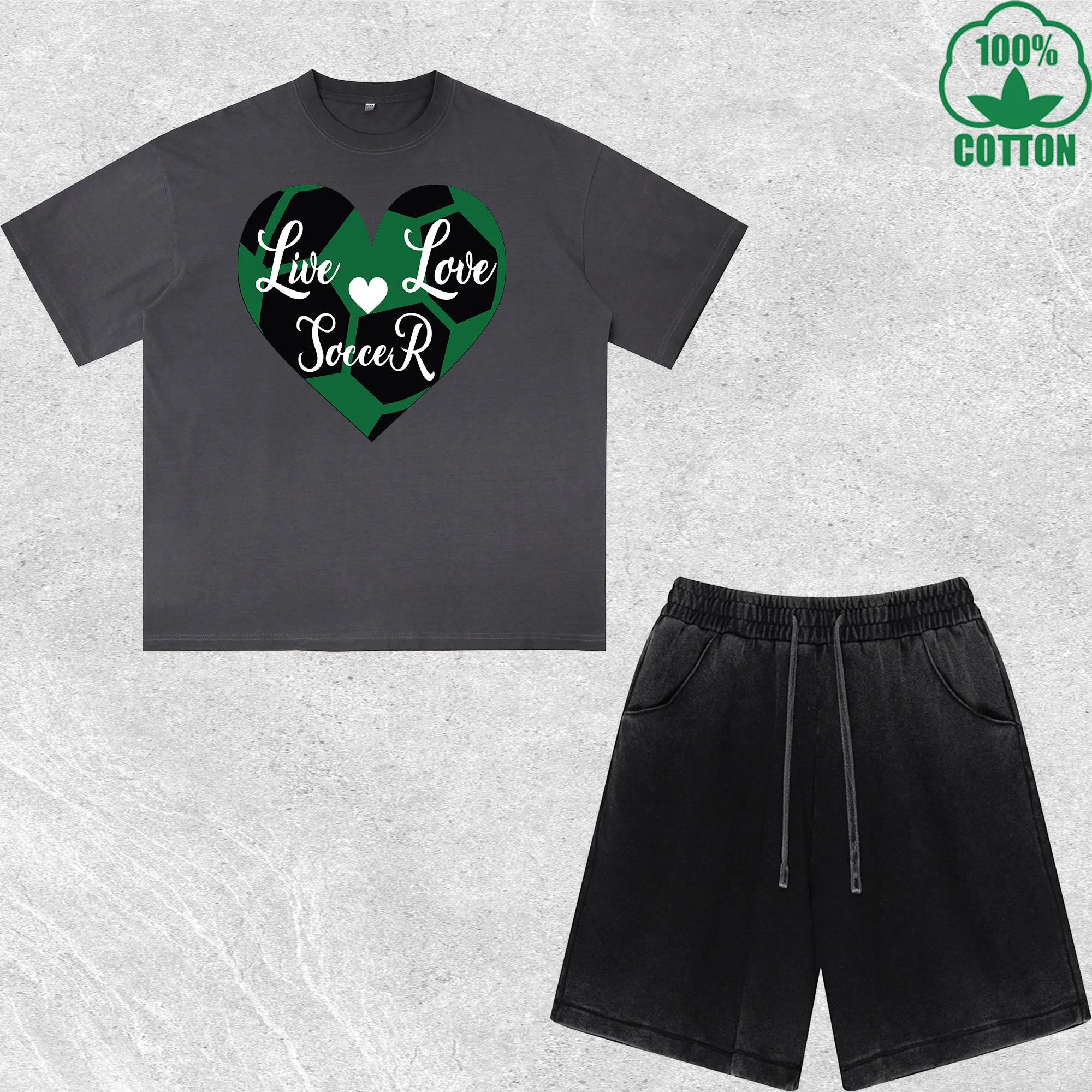 

Love Soccer Printed Dirty Wash T-Shirt Shorts Set Combo Loose Trendy Fashionable 100%Cotton Short Value Pack