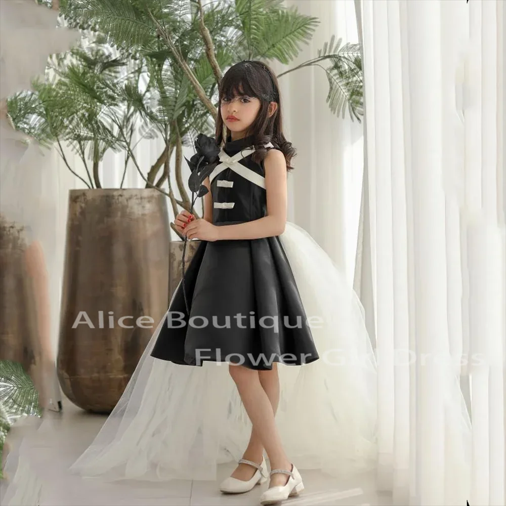 Black Flower Girl Dress Satin Bow A-Line Knee Length Sleeveless Sweep Train Dresses For Kids Cute First Communion Birthday Gowns