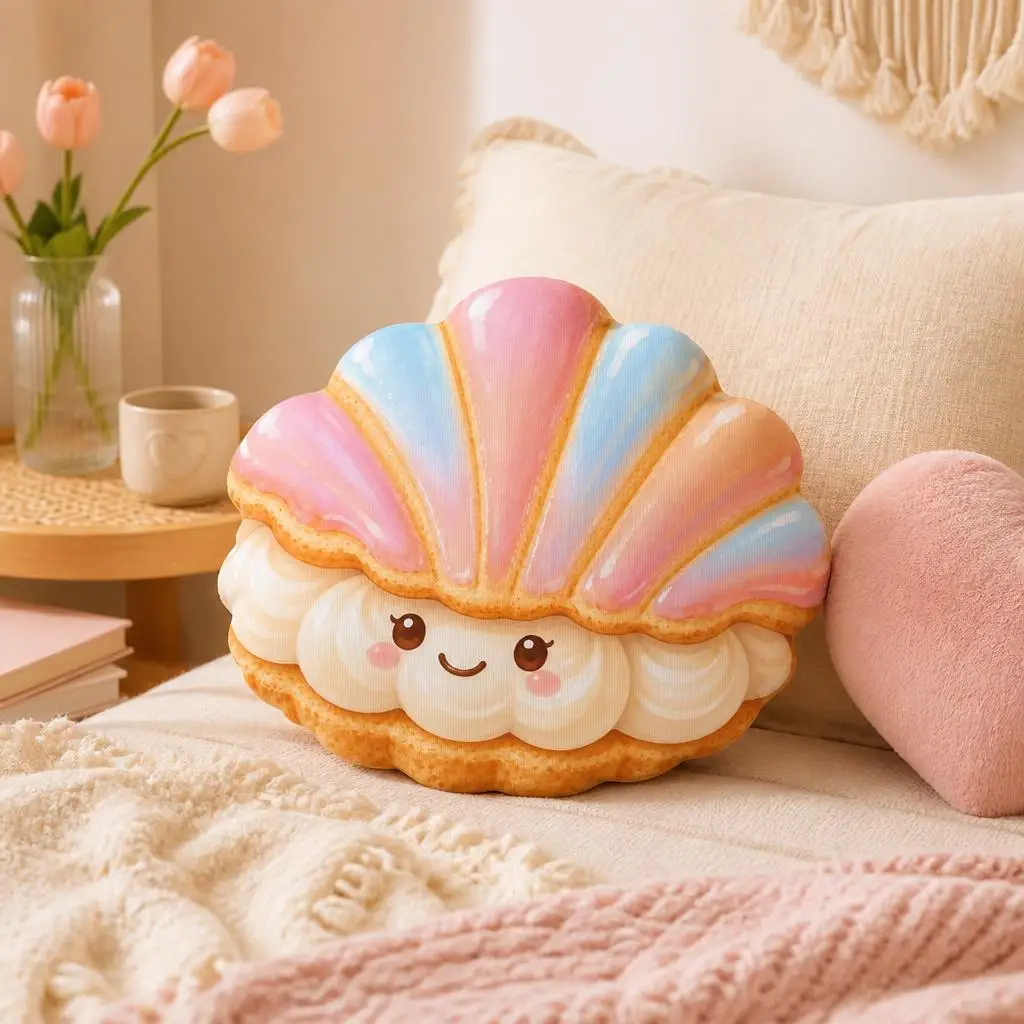 Cute Pastel Shell Pastry Pillow Kawaii Dessert Cushion Stuffed Throw Pillow for Sweet Bakery Home Decor Sofa Gift Lovers