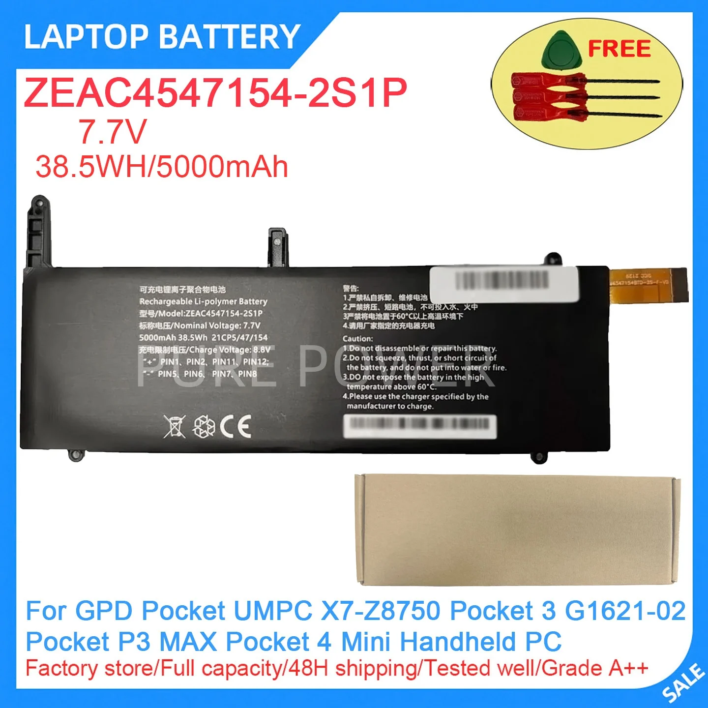 New Laptop Battery ZEAC4547154-2S1P 7.7V 38.5WH 5000mAh High Quality For GPD Pocket UMPC X7-Z8750 Pocket 3 G1621-02 Pocket P3