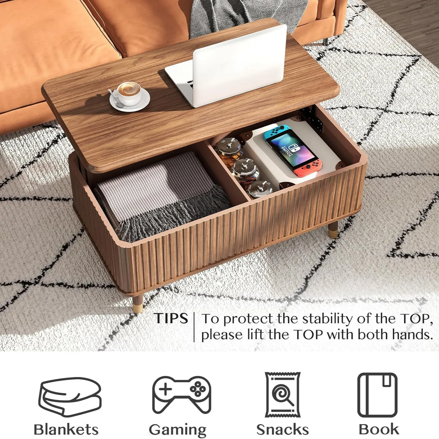 Lift-top coffee table with storage rack and concealed compartment
