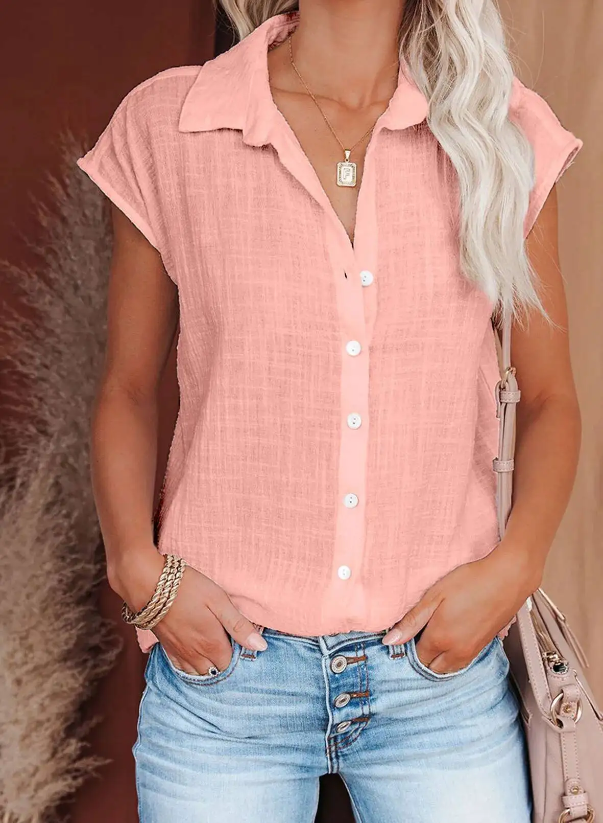 Verão feminino algodão linho camisa de manga curta botões solto tamanho grande cor sólida fina topo básico moda blusa