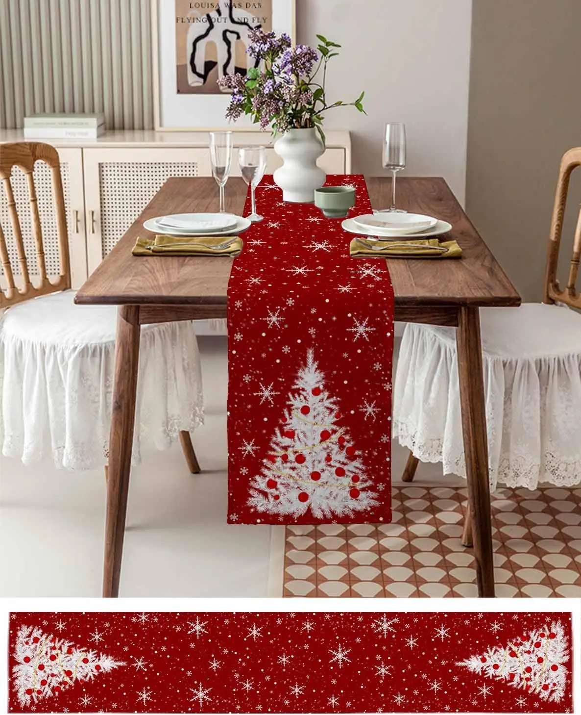 Merry Christmas Tree Snowflake Linen Table Runner Party Decor Winter Xmas Ball Kitchen Dining Table Runners Christmas Decoration