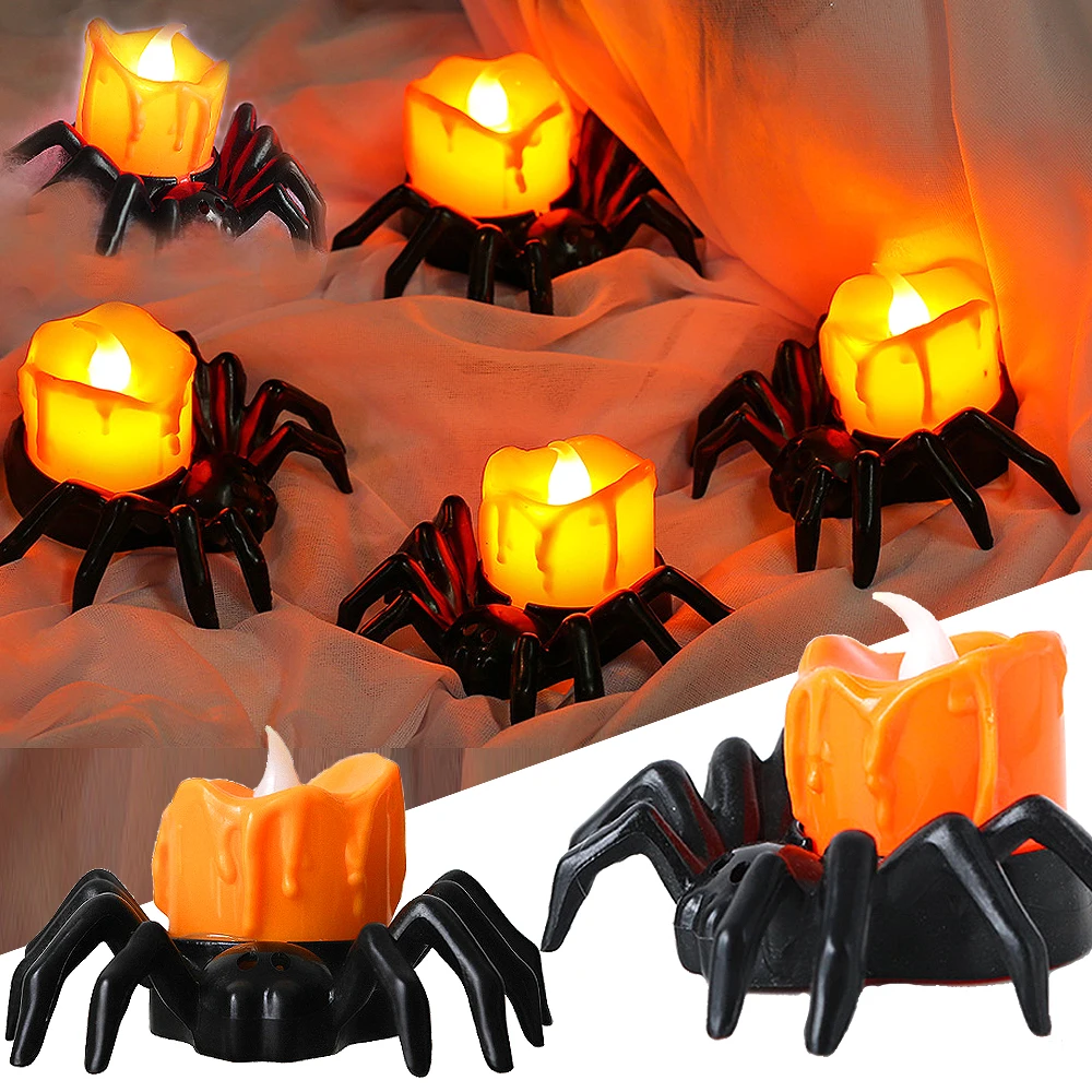 

LED Spider Candle Light Pumpkin Lamp Flickering Flameless Battery Lights Flashing Electric Candles Halloween Party Decoration