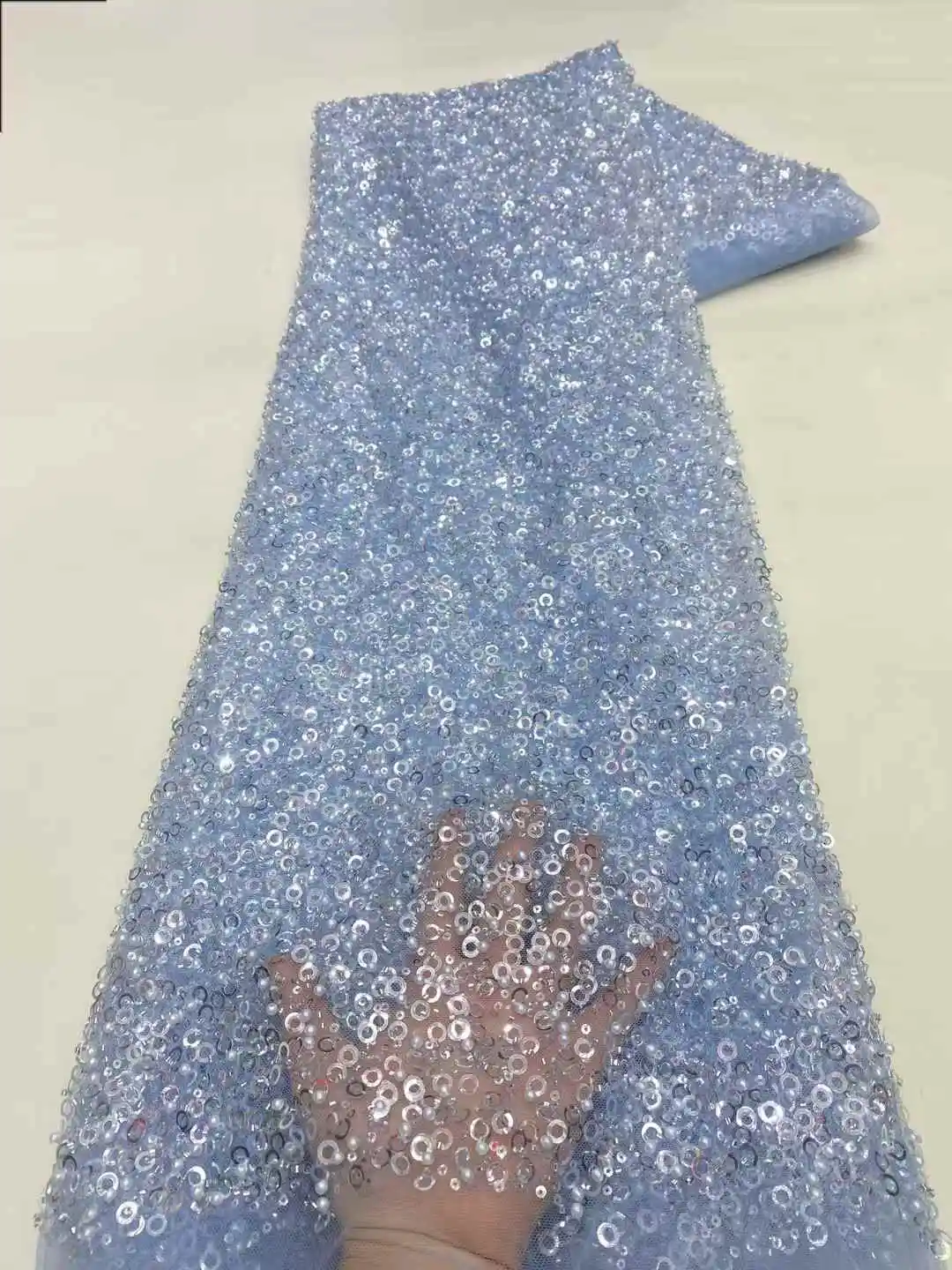 Top Quality GreenAfrica Handmade Embroidered Tulle Fabric With Beads Luxury Sequins Net Lace Evening Wedding Party Dress -XZ