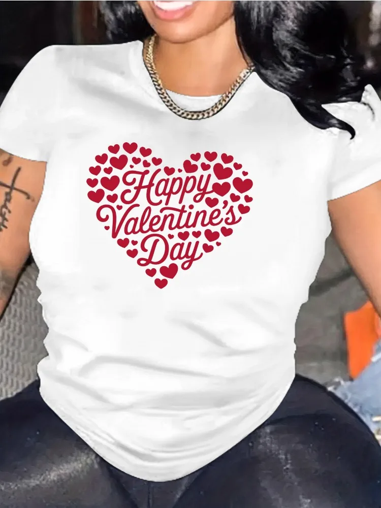 

Women's Valentine's Day Heart Print T-Shirt Fashionable Crew Neck Short Sleeve Casual Top Suitable for Spring Summer and Fall
