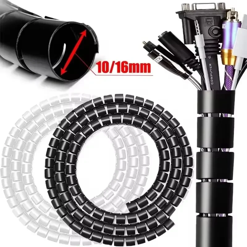 2M/1M Flexible Spiral Cable Wire Protector Cable Organizer Computer Cord Protective Tube Clip Organizer Management Tools 16/10mm