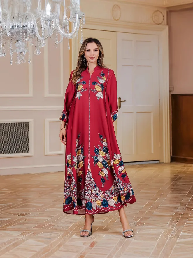 

2025 New Muslim Flower Printing Wedding Maxi Dresses Dubai Turkish Islam Party Clothing Luxury Long Sleeve Abayas Ramadan Robe
