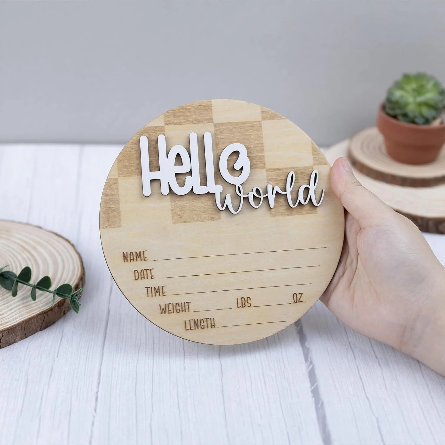 10pcs  Checkered Hello World Baby Birth Stats Sign, 6.2 Inches, Wood Engraved Hospital Announcement Board