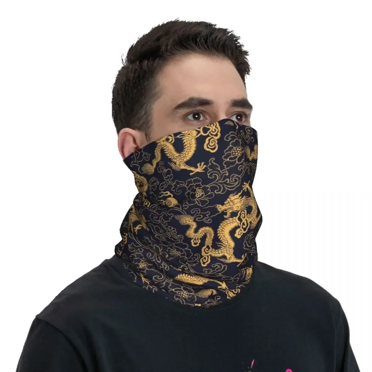 Lenço chinês tradicional do envoltório do dragão dourado, balaclava morna, roupa respirável, polainas do pescoço, bandana para homens e mulheres, roupa running