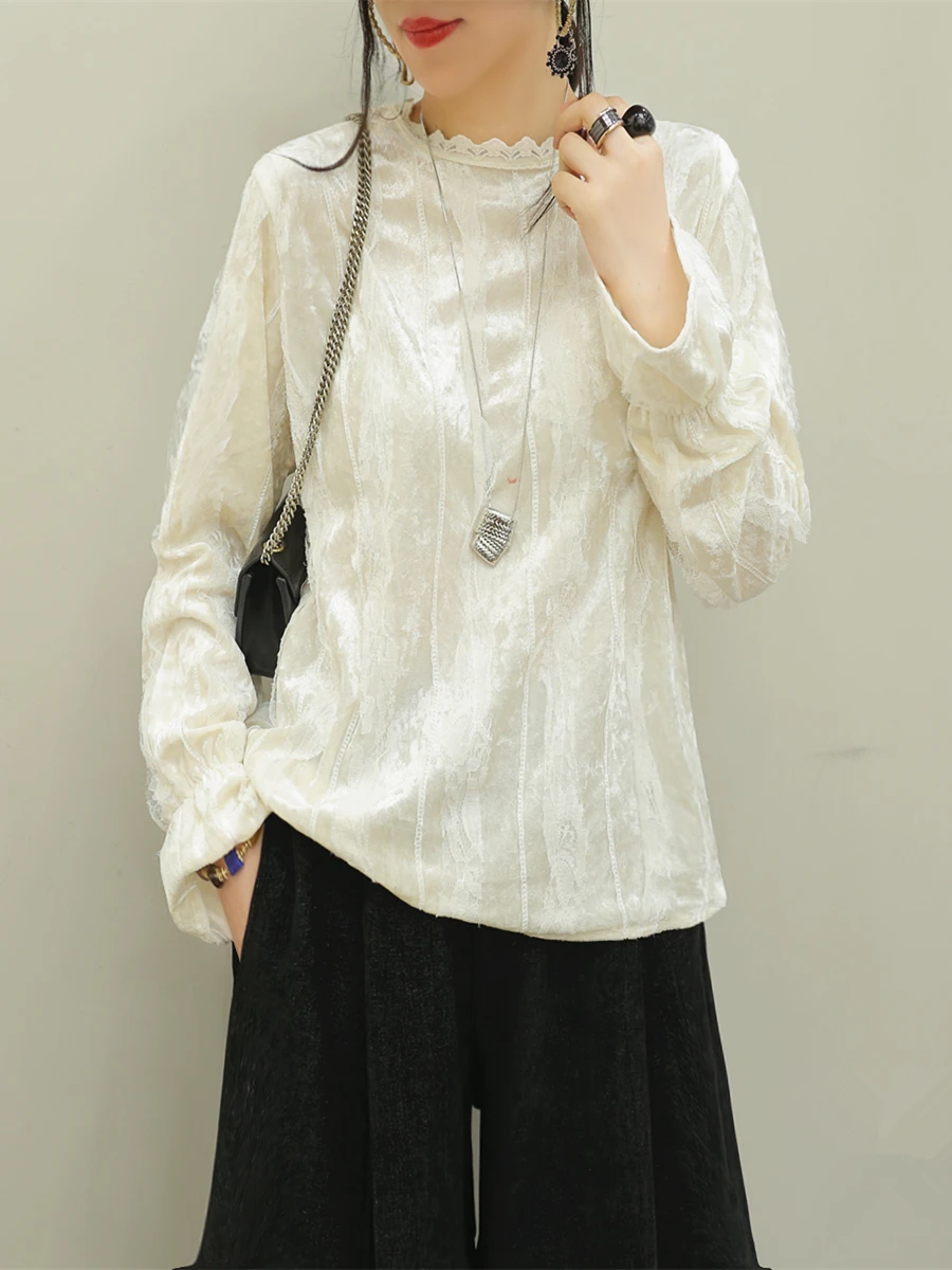 

Осенне-зимняя новинка: женская модная повседневная футболка с длинным рукавом, вышивкой, кружевом и вставками из золотого бархата, для ношения под одеждой.