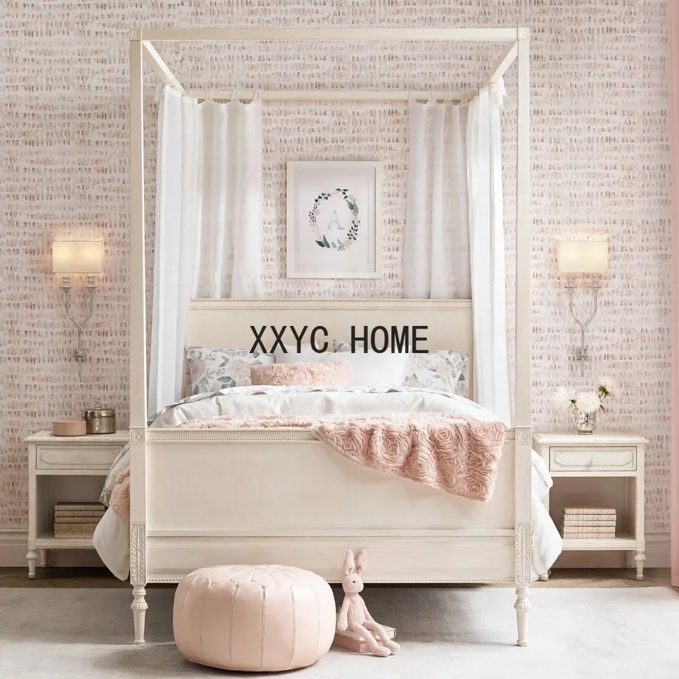 

Американская сельская антикварная белая резная кровать на колонне, французская полка, кровать принцессы