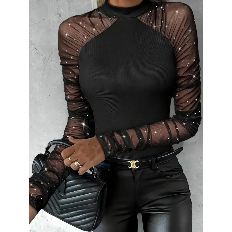 Glitter Stand-Up Collar Sheer Mesh Fabric Pleated Ribbing Outfit - Acrylic Ruffles Fashionable And Durable