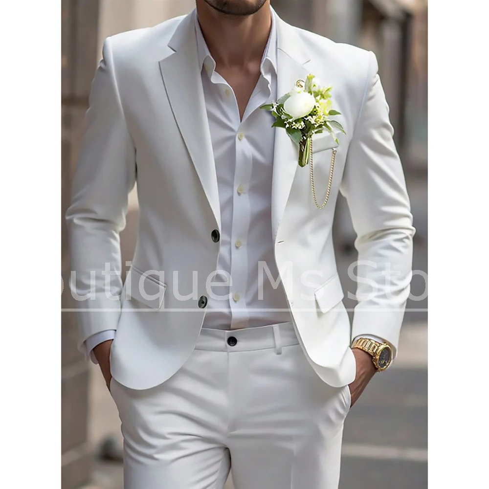 

Fashion Men White Solid Business Suit Set 2 Piece Modern Slim Fit For Streetwear Wedding Party Office Formal Premium Suits