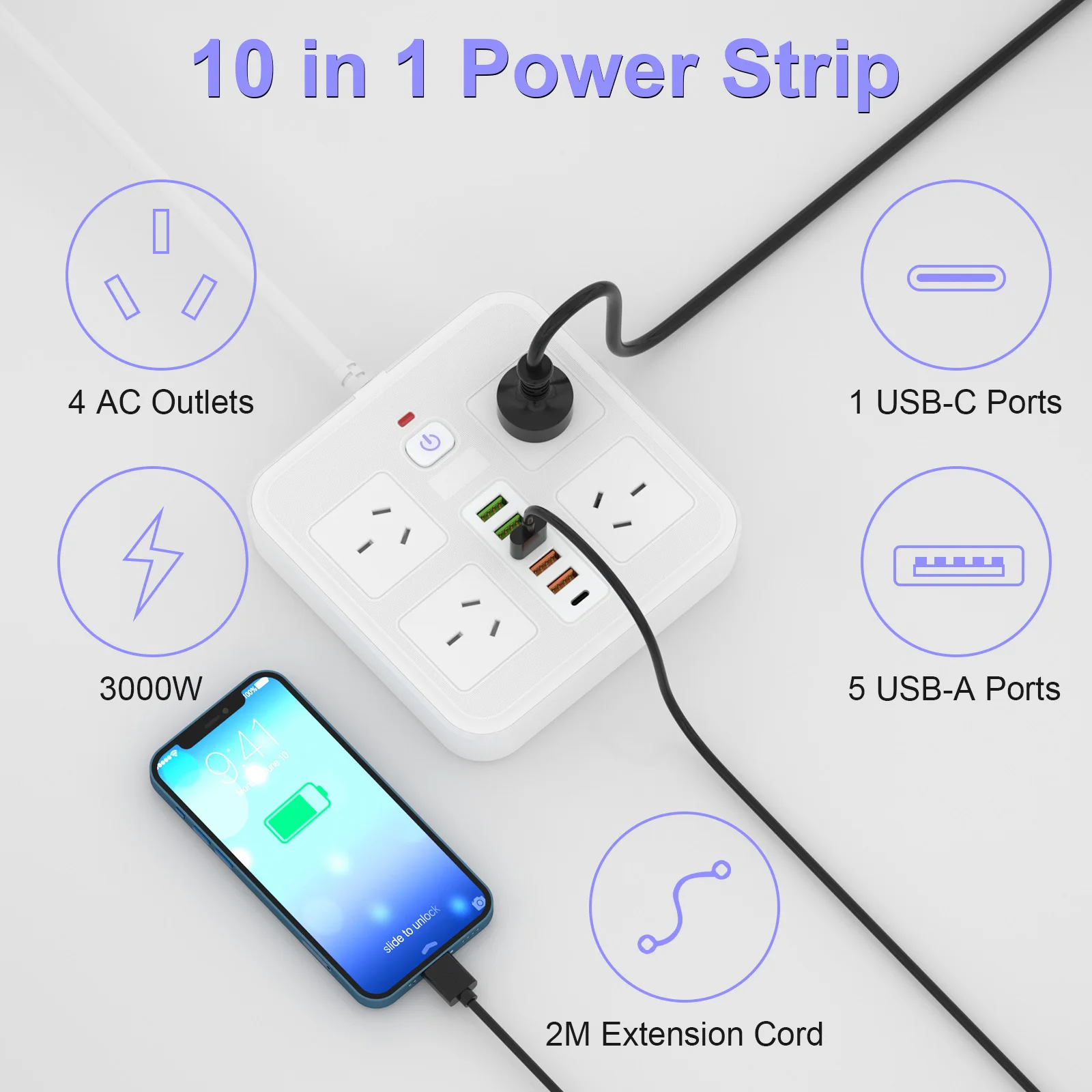 AU Plug power board with 5 USB ports 1 Type C port Power adapter socket Overload protection Network filter 2 m cable black White