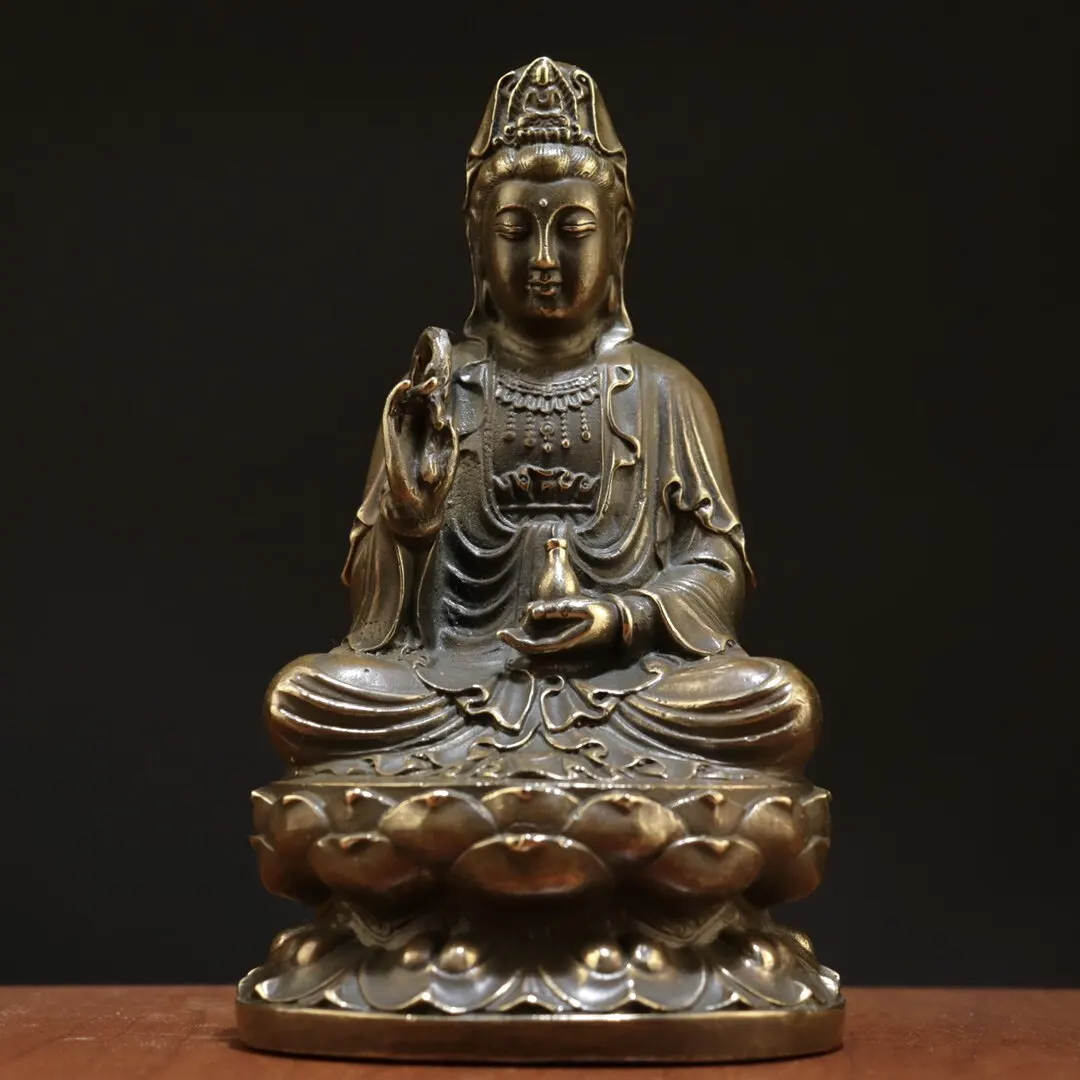 Antique Bronze Seated lotus Guanyin Avalokitesvara Bodhisattva Buddha Statue Hand-Held Willow Branches Home Buddhist Hall Decor