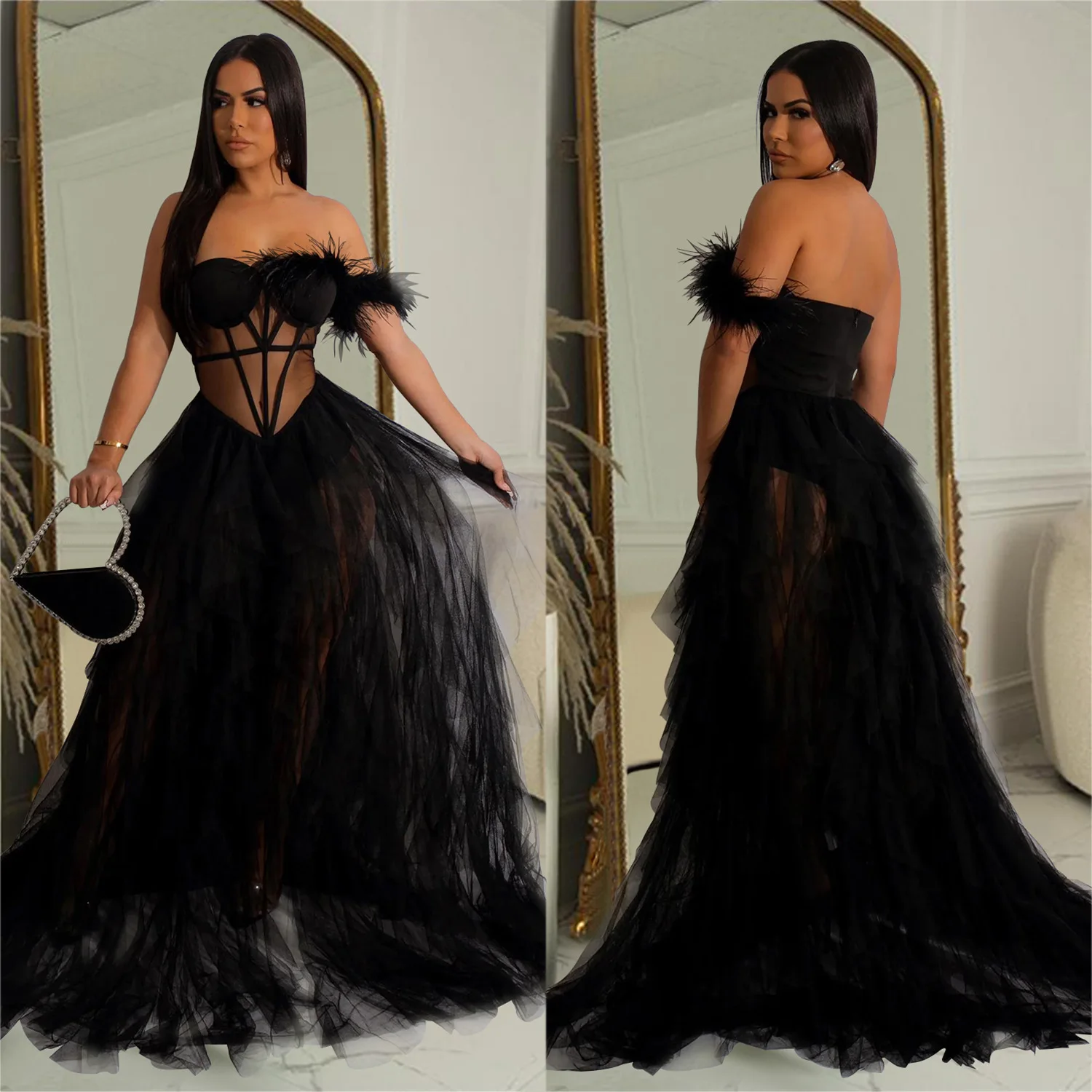 

Women Party A-line Dress Fashion Women's Transparent Solid Black Red Sleeveless Wrapped Chest Mesh Long Dress