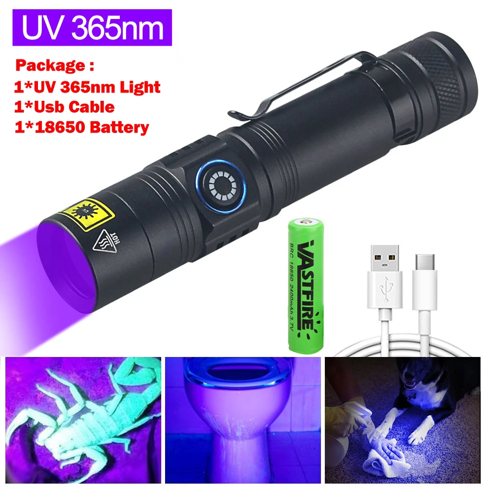 VASTFIRE Mini-UV-Taschenlampe, 365 nm, 395 nm, ultraviolettes Schwarzlicht, USB wiederaufladbar, lila Linternas-Teppich, Haustier-Urin-Detektor, Fang Skorpion 4