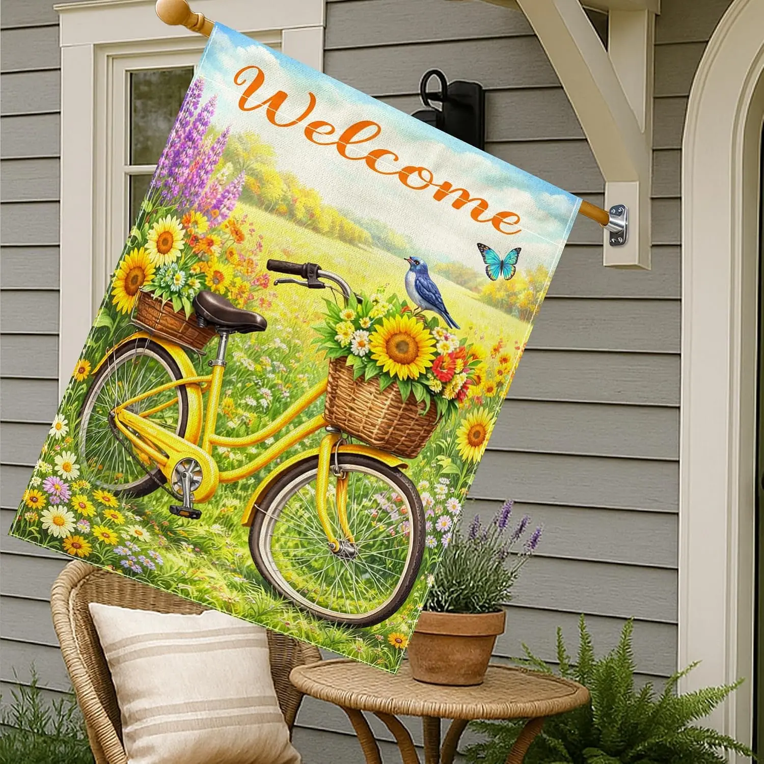 Bike House Flag, Spring Fanciful Sunflowers Bird Spring Yellow Double Sided Burlap Decorative Outside Porch Flags for Outdoo MMZ