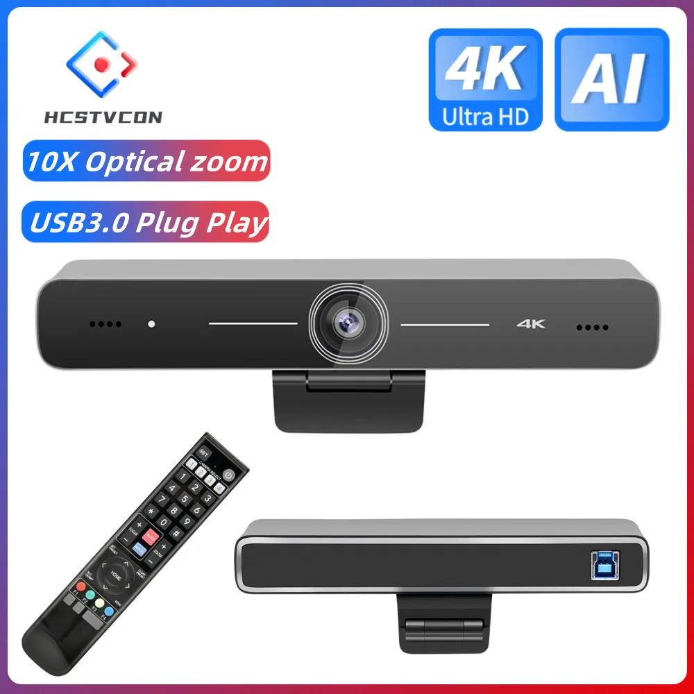 HCSTVCON AI Tracking 4K Webcam 10X Mini Camera with Microphone Plug Play for Youtube Live Broadcast Video Calling Conference