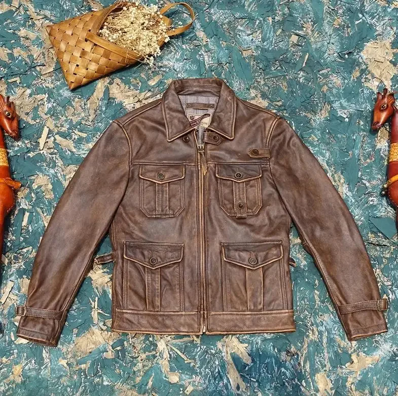 Shop Best.Tough Man Multi Pocket Vintage Leather Jacket.Vintage outwear real cowhide coat.Short slim hunting leather coth